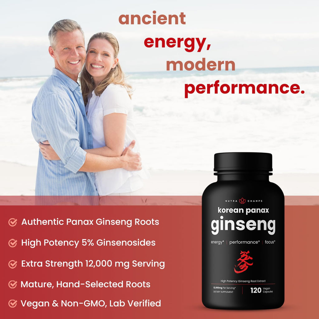 NutraChamps Korean Red Panax Ginseng Capsules | Extra Strength Ginsenosides for Energy, Focus, Performance, Vitality & Immune Support - FENGGESTORE20