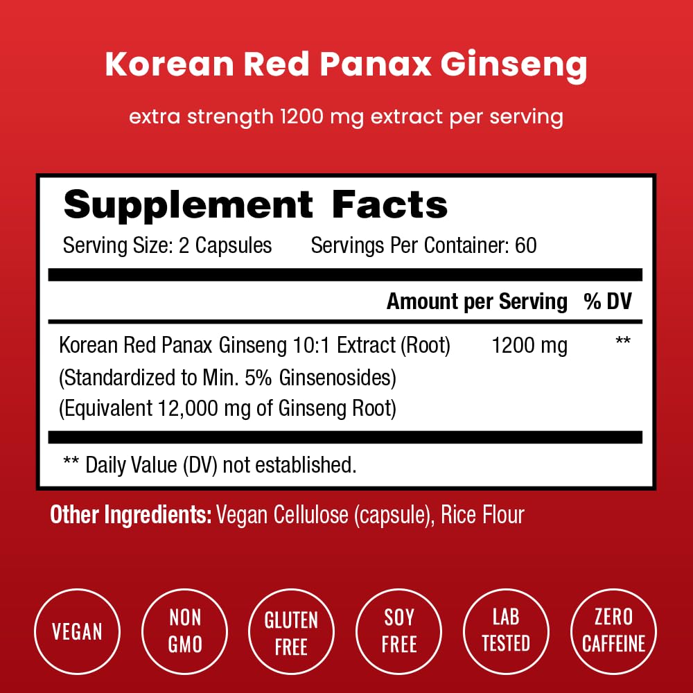 NutraChamps Korean Red Panax Ginseng Capsules | Extra Strength Ginsenosides for Energy, Focus, Performance, Vitality & Immune Support - FENGGESTORE20