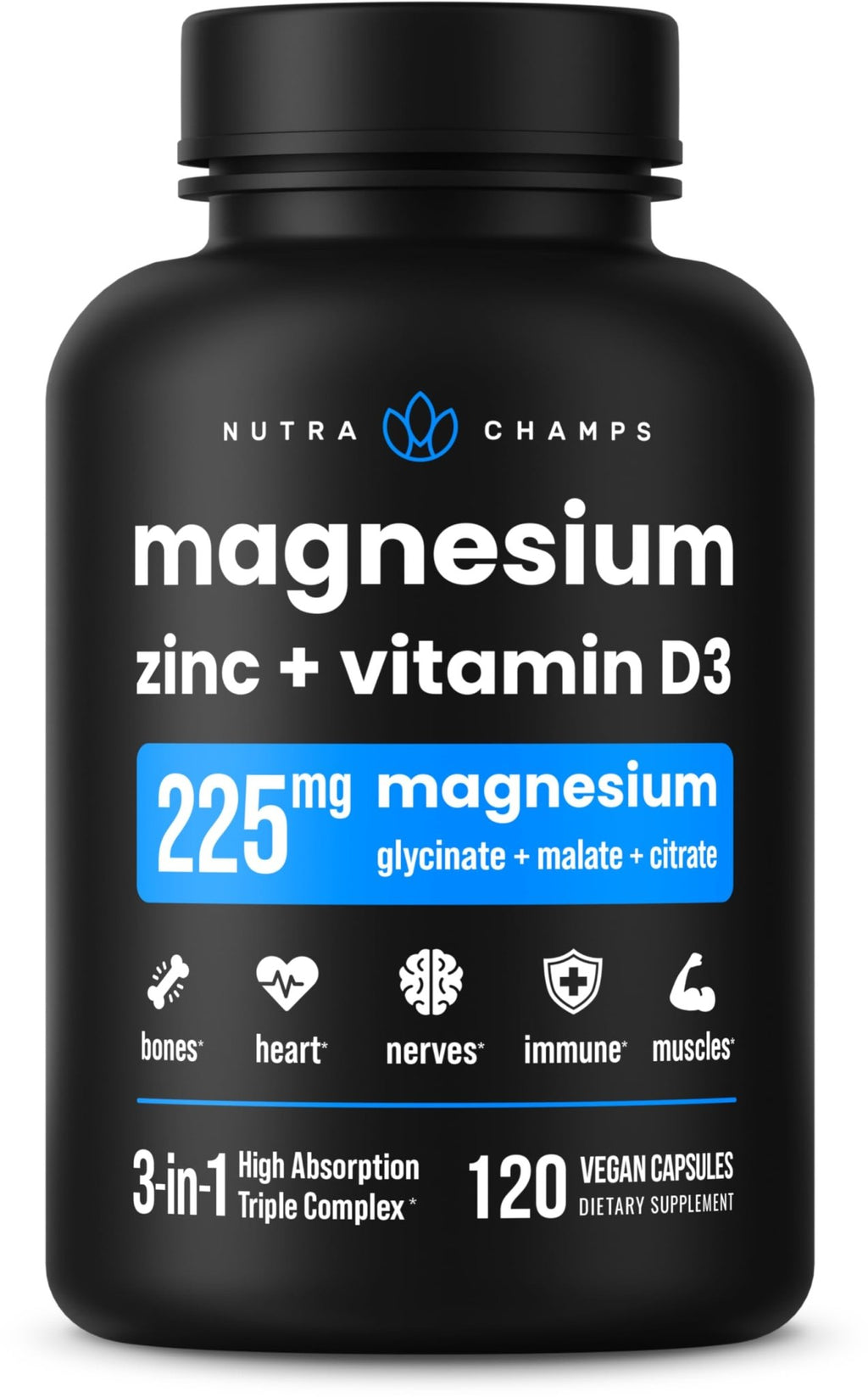 NutraChamps Magnesium Zinc & Vitamin D3 Supplement - Most Bioavailable Forms; Magnesium Glycinate, Malate, Citrate - Bone, Muscle & Heart Health, - FENGGESTORE20