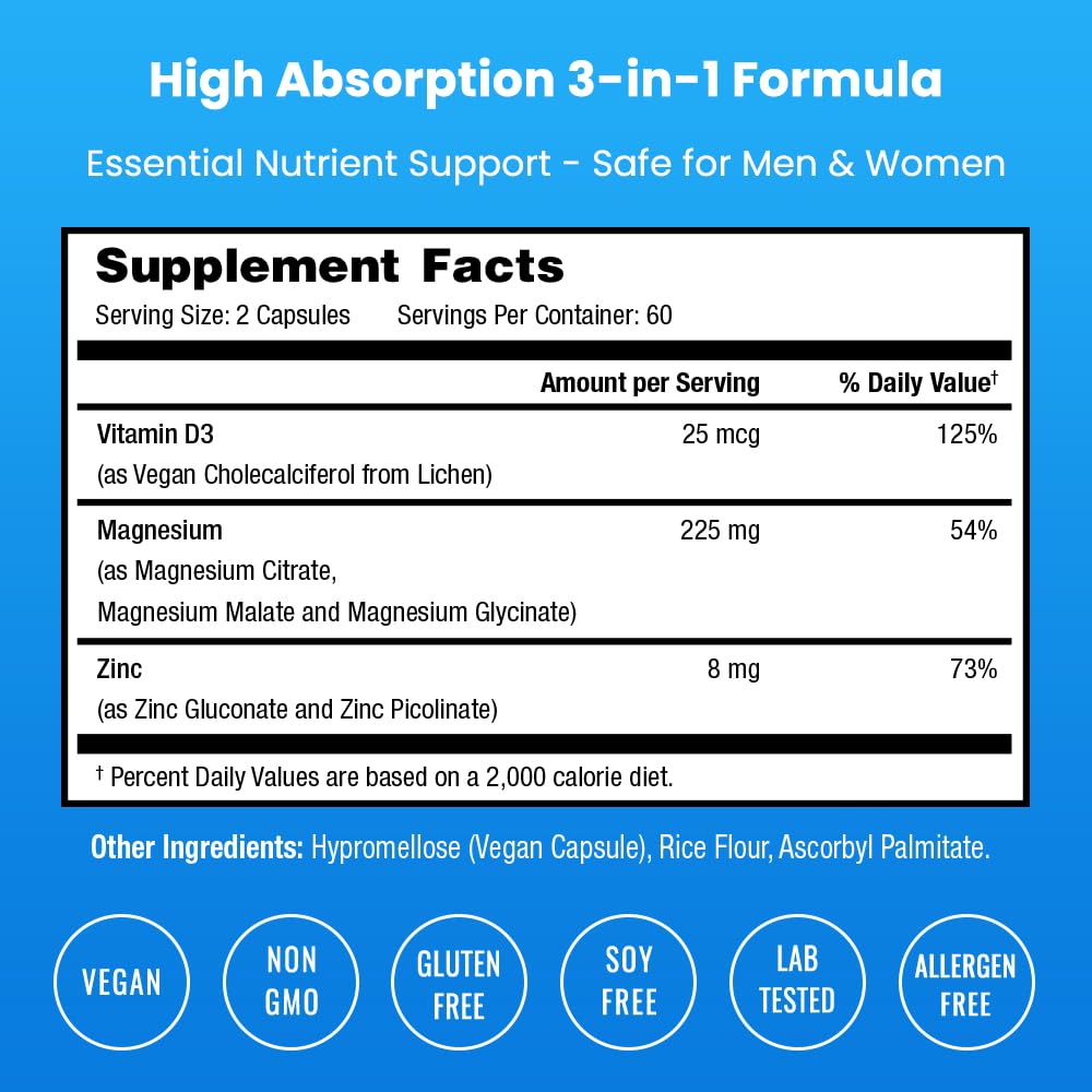 NutraChamps Magnesium Zinc & Vitamin D3 Supplement - Most Bioavailable Forms; Magnesium Glycinate, Malate, Citrate - Bone, Muscle & Heart Health, - FENGGESTORE20