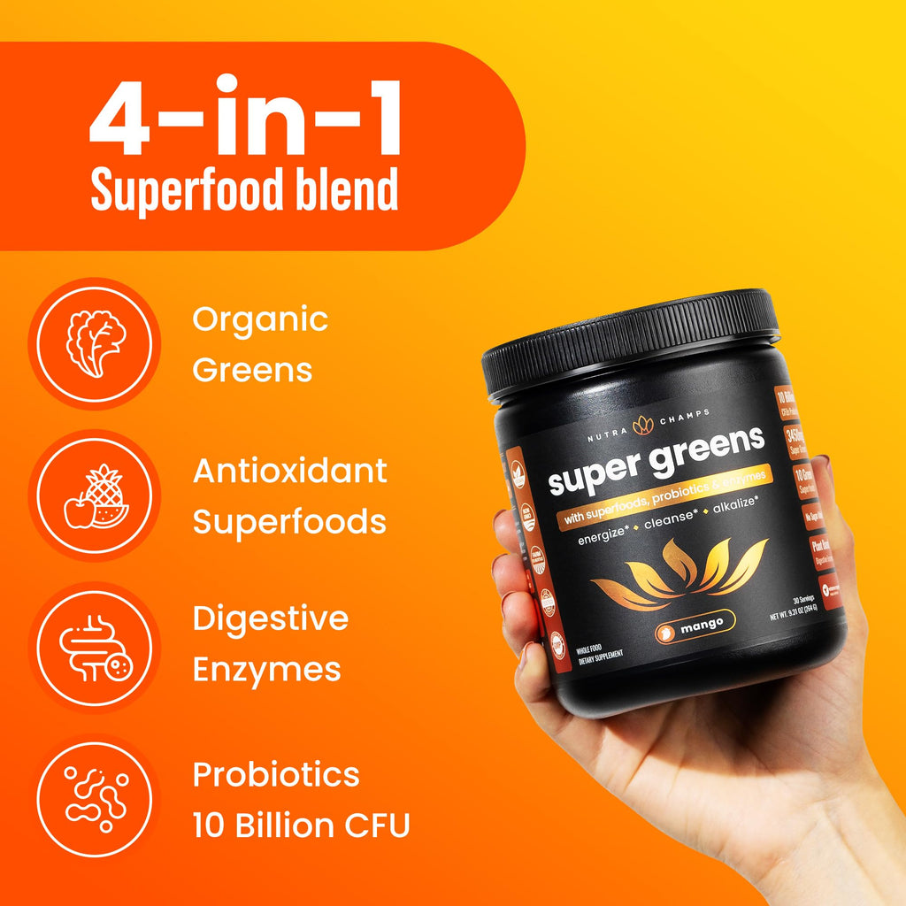 NutraChamps Super Greens Powder Premium Superfood | 20+ Organic Green Veggie Whole Foods | Wheat Grass, Spirulina, Chlorella | Antioxidant, Digestive Enzyme - FENGGESTORE20