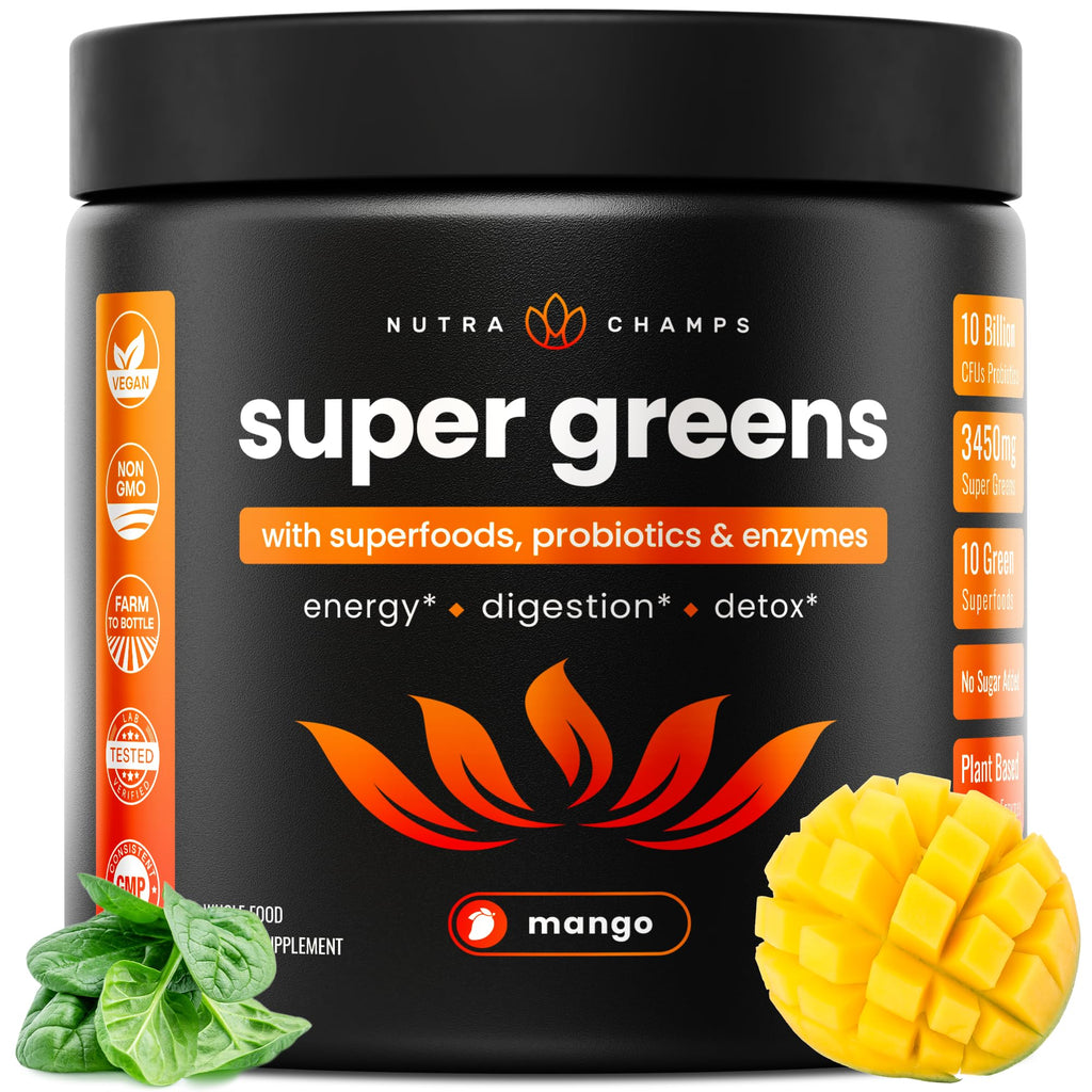 NutraChamps Super Greens Powder Premium Superfood | 20+ Organic Green Veggie Whole Foods | Wheat Grass, Spirulina, Chlorella | Antioxidant, Digestive Enzyme - FENGGESTORE20