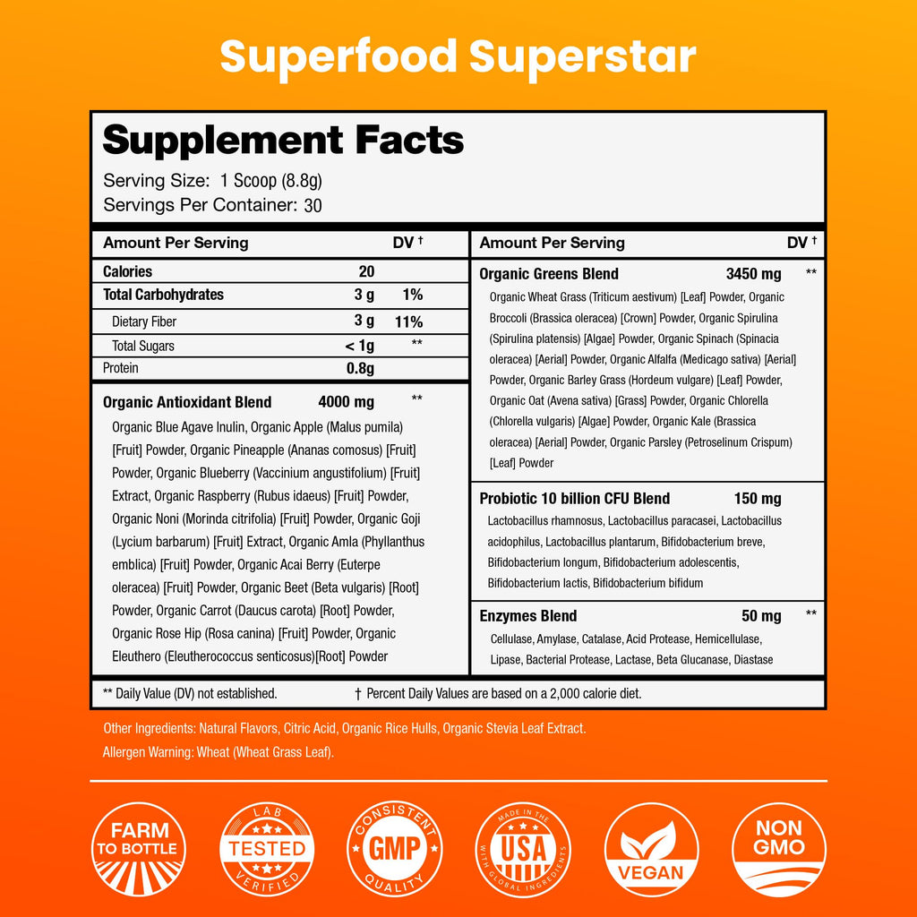 NutraChamps Super Greens Powder Premium Superfood | 20+ Organic Green Veggie Whole Foods | Wheat Grass, Spirulina, Chlorella | Antioxidant, Digestive Enzyme - FENGGESTORE20