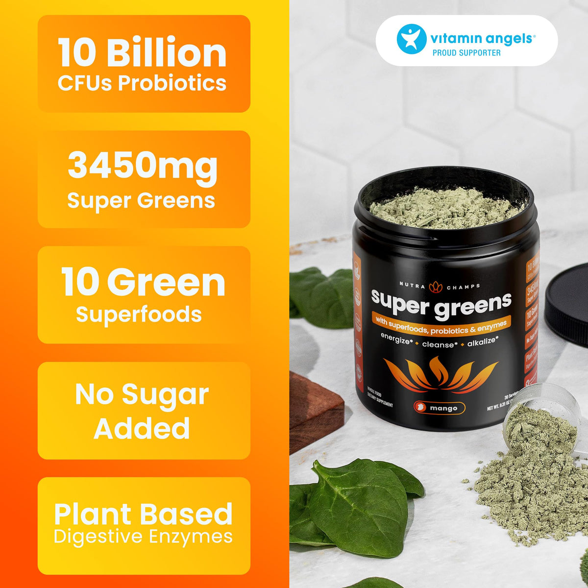 NutraChamps Super Greens Powder Premium Superfood | 20+ Organic Green Veggie Whole Foods | Wheat Grass, Spirulina, Chlorella | Antioxidant, Digestive Enzyme - FENGGESTORE20