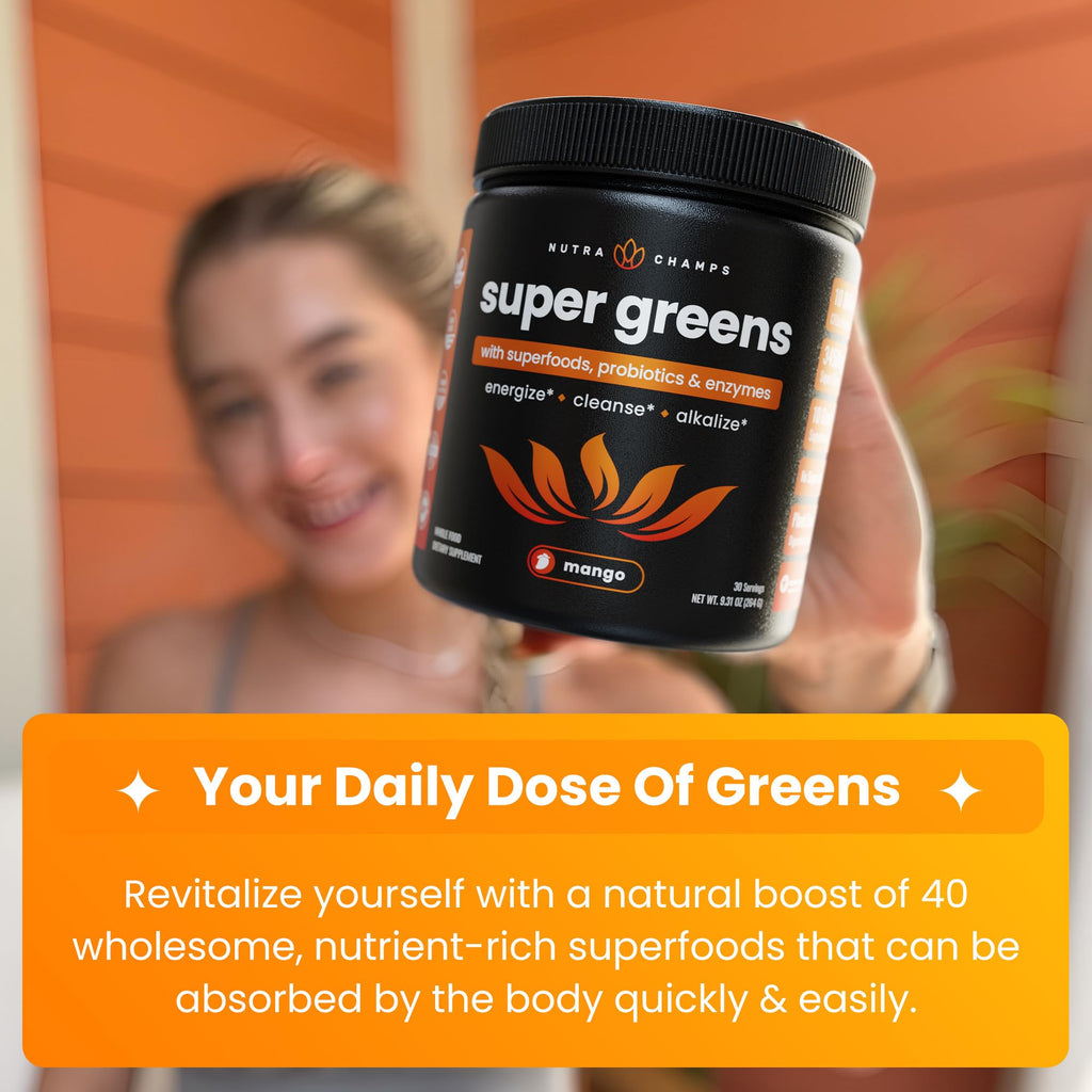 NutraChamps Super Greens Powder Premium Superfood | 20+ Organic Green Veggie Whole Foods | Wheat Grass, Spirulina, Chlorella | Antioxidant, Digestive Enzyme - FENGGESTORE20