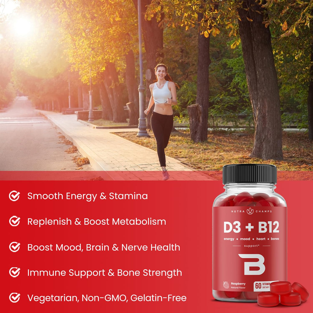 NutraChamps Vitamin D3 & B12, Methyl B12 Gummies for Adults & Kids, Enhanced with Vitamin D 3 & B9 Vitamin Folate, Natural Energy, Mood - FENGGESTORE20