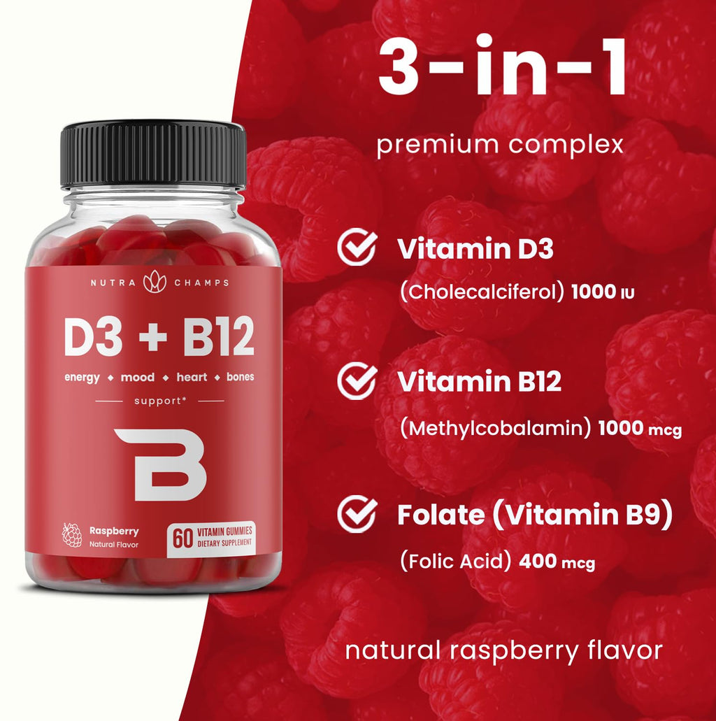 NutraChamps Vitamin D3 & B12, Methyl B12 Gummies for Adults & Kids, Enhanced with Vitamin D 3 & B9 Vitamin Folate, Natural Energy, Mood - FENGGESTORE20