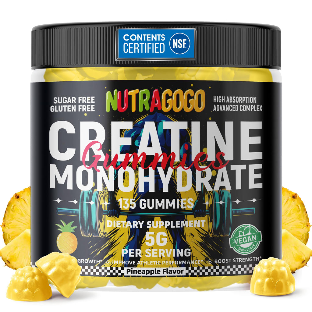 NUTRAGOGO NSF Certified Creatine Gummy - Creatine Monohydrate Gummies for Men & Women-5g of Creatine Monohydrate per Serving - Sugar Free,Vegan, Pineapple Electrolyte Chews, 135 Count - FENGGESTORE20