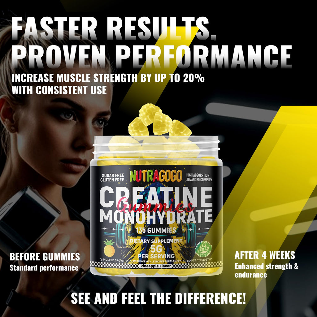 NUTRAGOGO NSF Certified Creatine Gummy - Creatine Monohydrate Gummies for Men & Women-5g of Creatine Monohydrate per Serving - Sugar Free,Vegan, Pineapple Electrolyte Chews, 135 Count - FENGGESTORE20