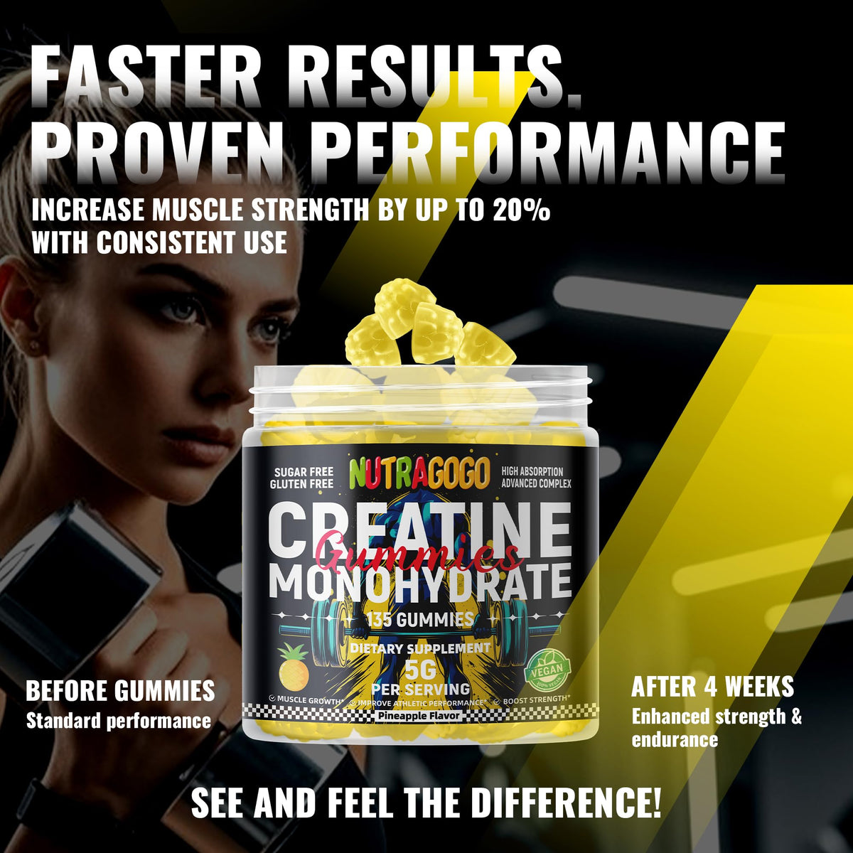 NUTRAGOGO NSF Certified Creatine Gummy - Creatine Monohydrate Gummies for Men & Women-5g of Creatine Monohydrate per Serving - Sugar Free,Vegan, Pineapple Electrolyte Chews, 135 Count - FENGGESTORE20