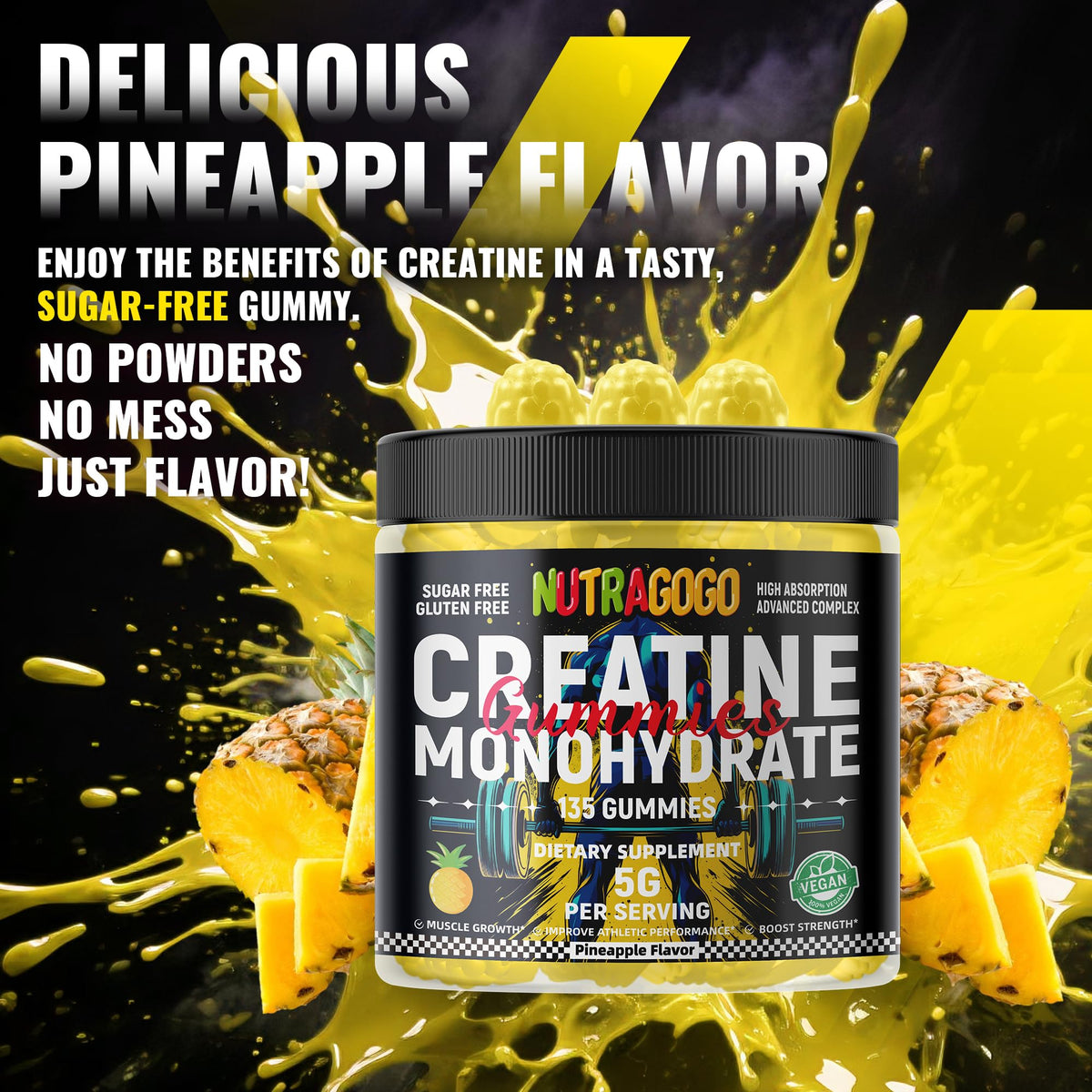 NUTRAGOGO NSF Certified Creatine Gummy - Creatine Monohydrate Gummies for Men & Women-5g of Creatine Monohydrate per Serving - Sugar Free,Vegan, Pineapple Electrolyte Chews, 135 Count - FENGGESTORE20