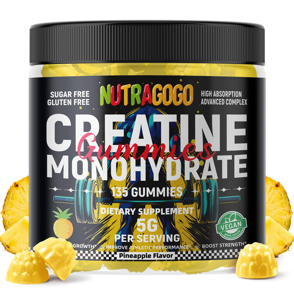 NUTRAGOGO NSF Certified Creatine Gummy - Creatine Monohydrate Gummies for Men & Women-5g of Creatine Monohydrate per Serving - Sugar Free,Vegan, Pineapple Electrolyte Chews, 135 Count - FENGGESTORE20