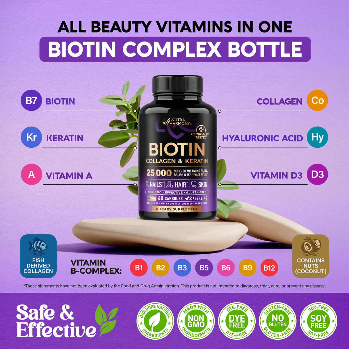 NUTRAHARMONY Biotin | Collagen | Hyaluronic Acid | Keratin - Support Normal Hair Growth Cycle - Skin & Nails - 25000mcg Vitamins B1, B2, B3, B6 & B7 - FENGGESTORE20