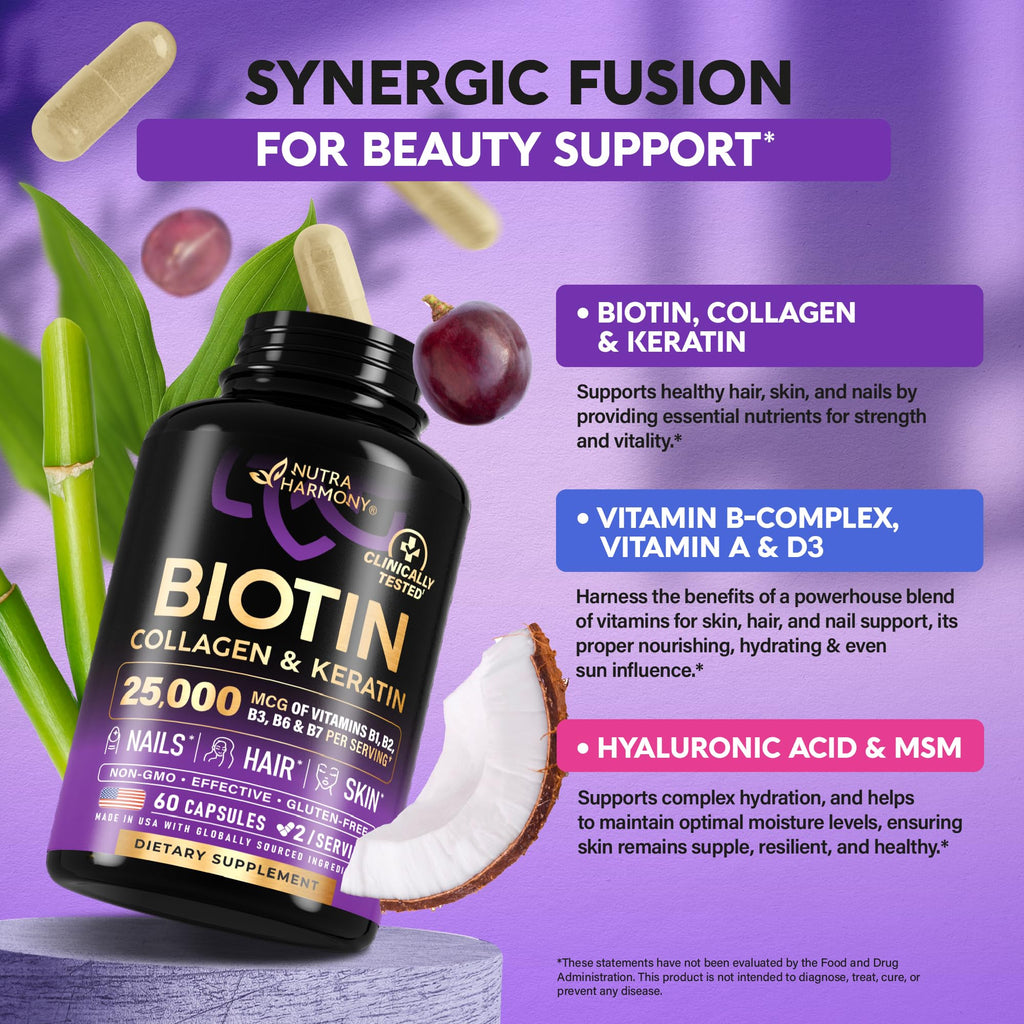 NUTRAHARMONY Biotin | Collagen | Hyaluronic Acid | Keratin - Support Normal Hair Growth Cycle - Skin & Nails - 25000mcg Vitamins B1, B2, B3, B6 & B7 - FENGGESTORE20