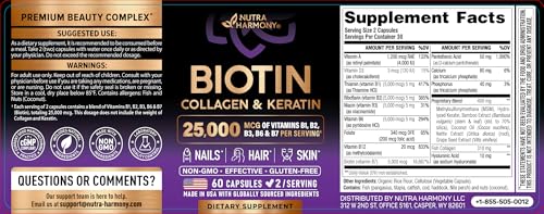 NUTRAHARMONY Biotin | Collagen | Hyaluronic Acid | Keratin - Support Normal Hair Growth Cycle - Skin & Nails - 25000mcg Vitamins B1, B2, B3, B6 & B7 - FENGGESTORE20