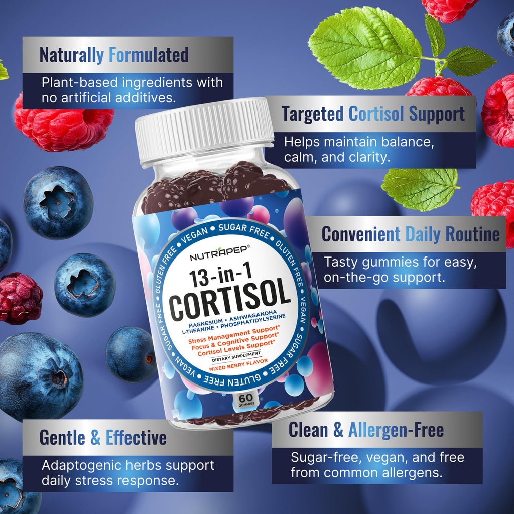 NutraPep Cortisol Gummies for Women Men - 13-in-1 High Cortisol Reducer with Ashwagandha Magnesium L-theanine Rhodiola Rosea - Daily Cortisol Detox Manager for Stress Focus Support - Vegan Sugar Free - FENGGESTORE20