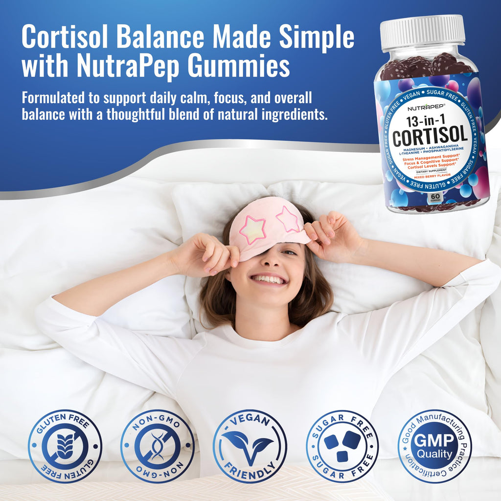 NutraPep Cortisol Gummies for Women Men - 13-in-1 High Cortisol Reducer with Ashwagandha Magnesium L-theanine Rhodiola Rosea - Daily Cortisol Detox Manager for Stress Focus Support - Vegan Sugar Free - FENGGESTORE20