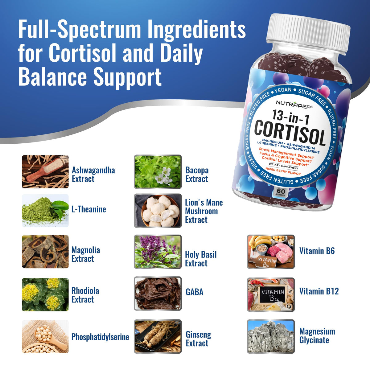 NutraPep Cortisol Gummies for Women Men - 13-in-1 High Cortisol Reducer with Ashwagandha Magnesium L-theanine Rhodiola Rosea - Daily Cortisol Detox Manager for Stress Focus Support - Vegan Sugar Free - FENGGESTORE20