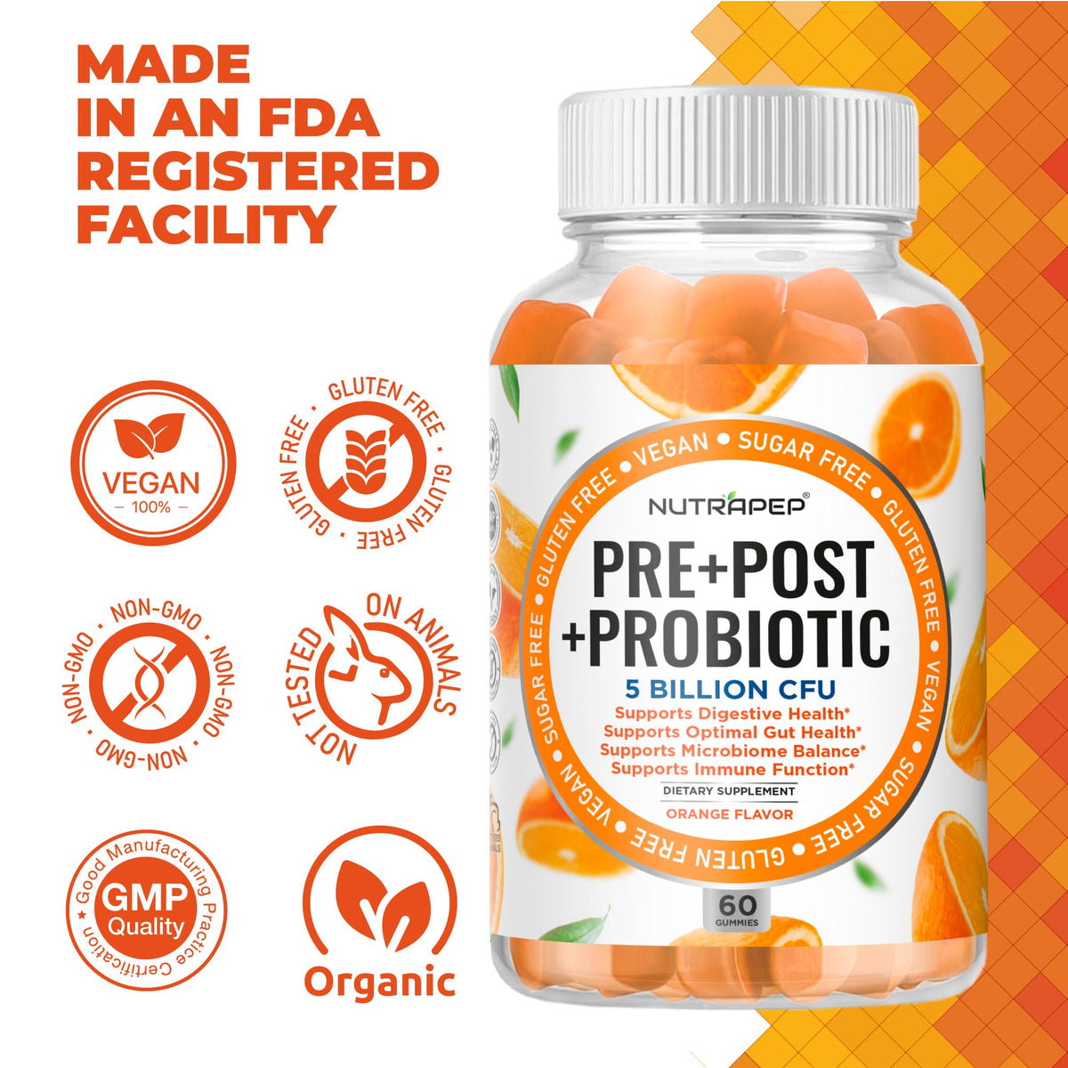 NutraPep Prebiotic Probiotic & Postbiotic Gummies for Women Men & Kids Children - High Potency 5 Billion CFU - Sugar-Free & Gluten 60 Count (Pack of 2) - FENGGESTORE20