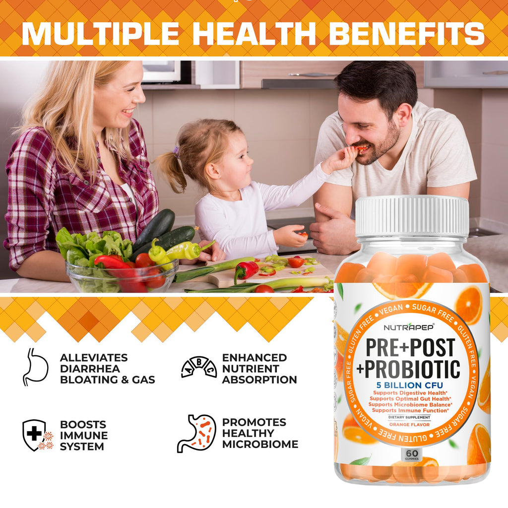 NutraPep Prebiotic Probiotic & Postbiotic Gummies for Women Men & Kids Children - High Potency 5 Billion CFU - Sugar-Free & Gluten 60 Count (Pack of 2) - FENGGESTORE20