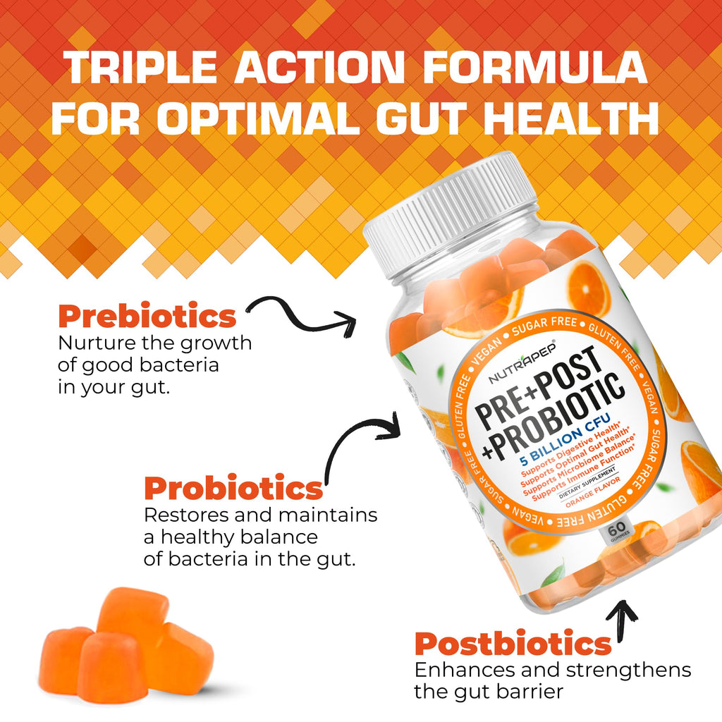NutraPep Prebiotic Probiotic & Postbiotic Gummies for Women Men & Kids Children - High Potency 5 Billion CFU - Sugar-Free & Gluten 60 Count (Pack of 2) - FENGGESTORE20