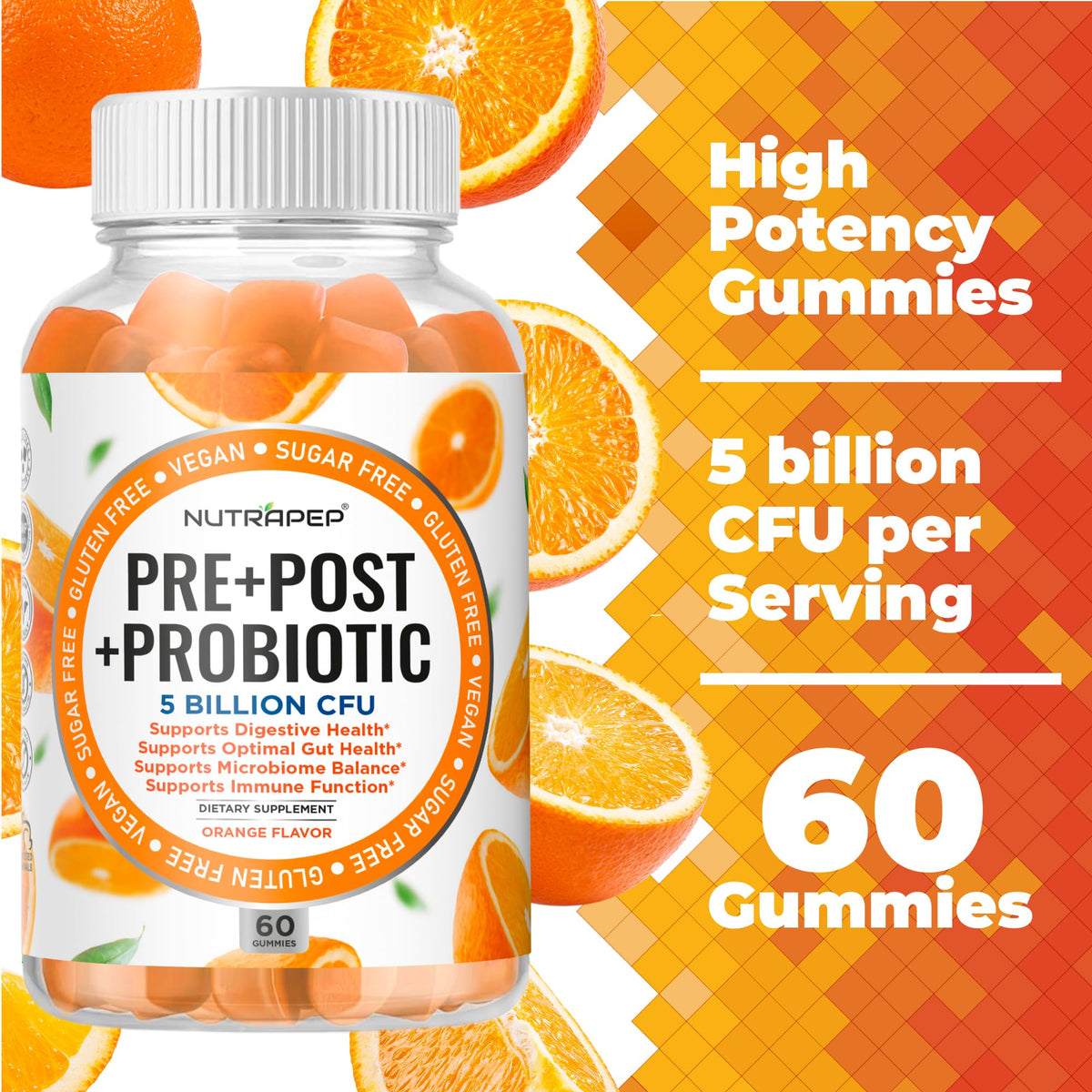 NutraPep Prebiotic Probiotic & Postbiotic Gummies for Women Men & Kids Children - High Potency 5 Billion CFU - Sugar-Free & Gluten 60 Count (Pack of 2) - FENGGESTORE20