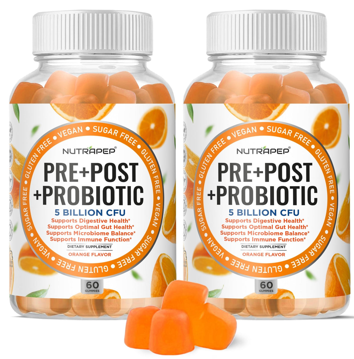 NutraPep Prebiotic Probiotic & Postbiotic Gummies for Women Men & Kids Children - High Potency 5 Billion CFU - Sugar-Free & Gluten 60 Count (Pack of 2) - FENGGESTORE20