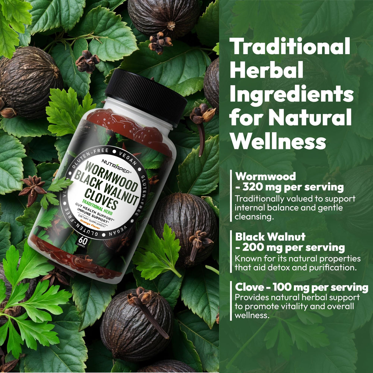 NutraPep Wormwood Black Walnut & Cloves Gummies - Gut Health Immune Support & Natural Detox Cleanse Traditional Herbal Supplement - Vegan Gluten-Free - FENGGESTORE20