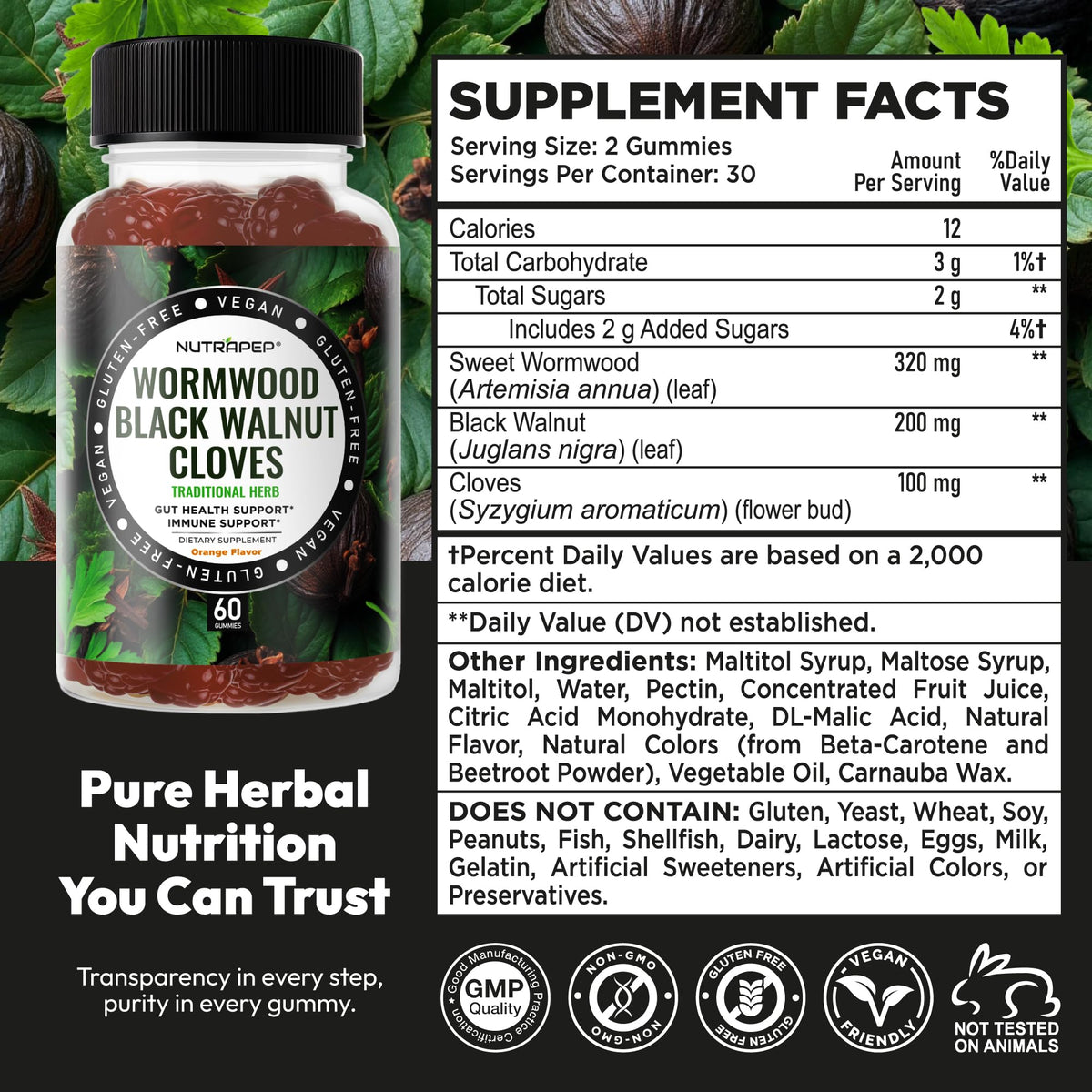 NutraPep Wormwood Black Walnut & Cloves Gummies - Gut Health Immune Support & Natural Detox Cleanse Traditional Herbal Supplement - Vegan Gluten-Free - FENGGESTORE20