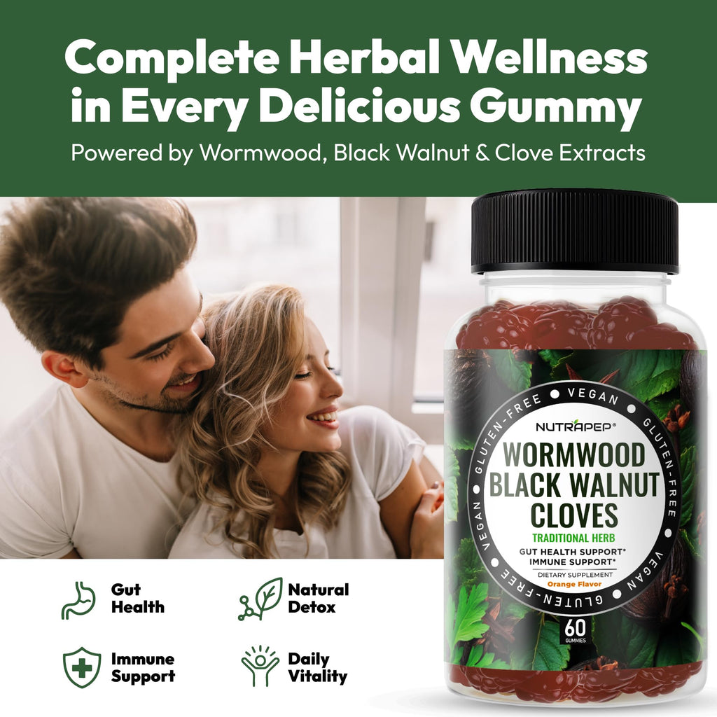 NutraPep Wormwood Black Walnut & Cloves Gummies - Gut Health Immune Support & Natural Detox Cleanse Traditional Herbal Supplement - Vegan Gluten-Free - FENGGESTORE20