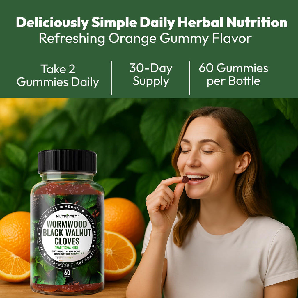 NutraPep Wormwood Black Walnut & Cloves Gummies - Gut Health Immune Support & Natural Detox Cleanse Traditional Herbal Supplement - Vegan Gluten-Free - FENGGESTORE20