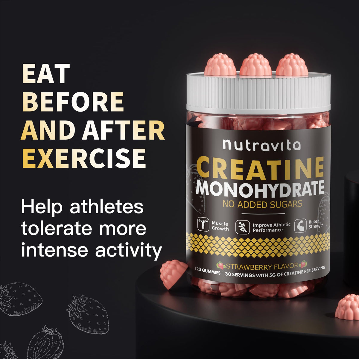 Nutravita NSF Certified Creatine Gummy - Creatine Monohydrate Gummies for Men & Women-5g of Creatine Monohydrate per Serving - Sugar Free, - FENGGESTORE20