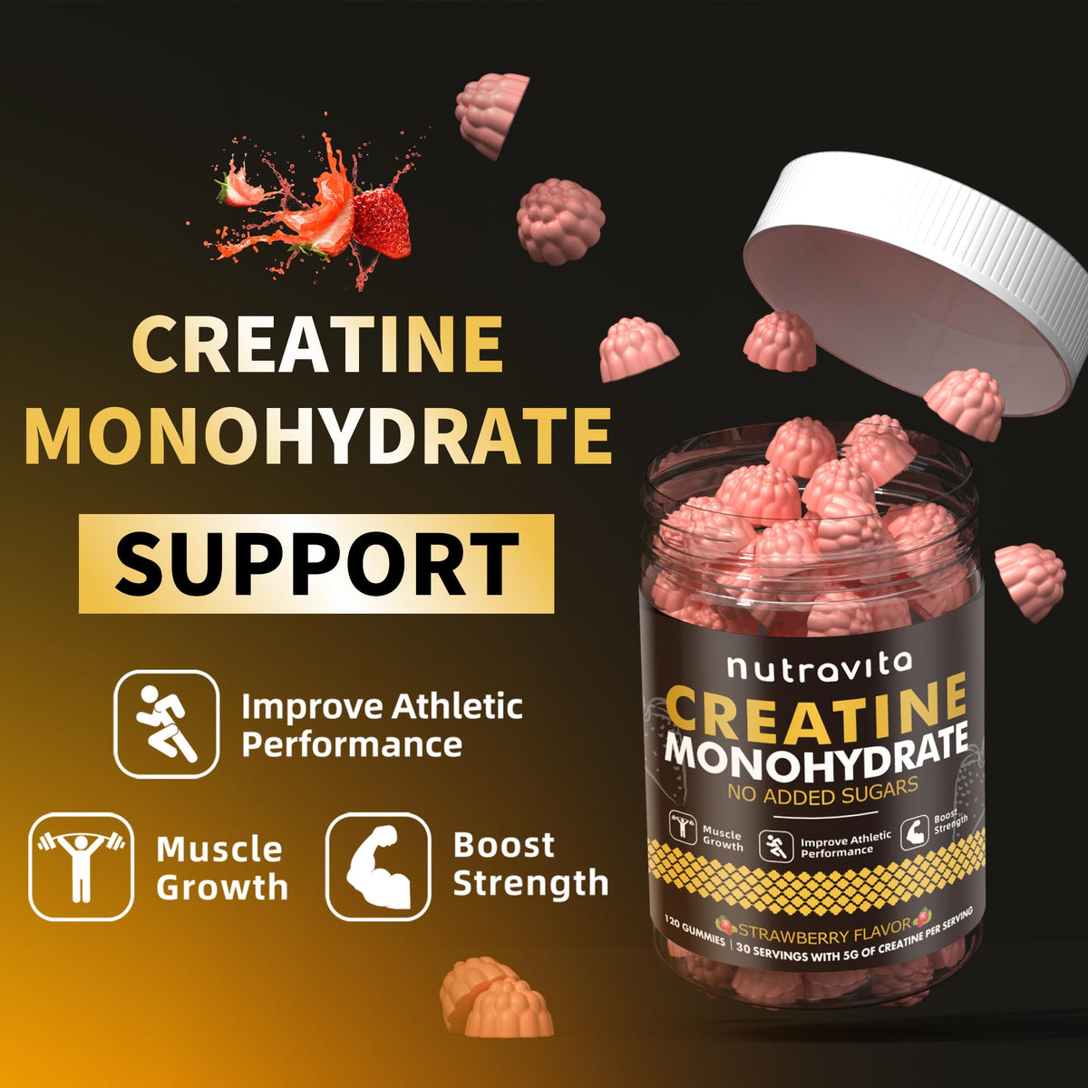 Nutravita NSF Certified Creatine Gummy - Creatine Monohydrate Gummies for Men & Women-5g of Creatine Monohydrate per Serving - Sugar Free, - FENGGESTORE20