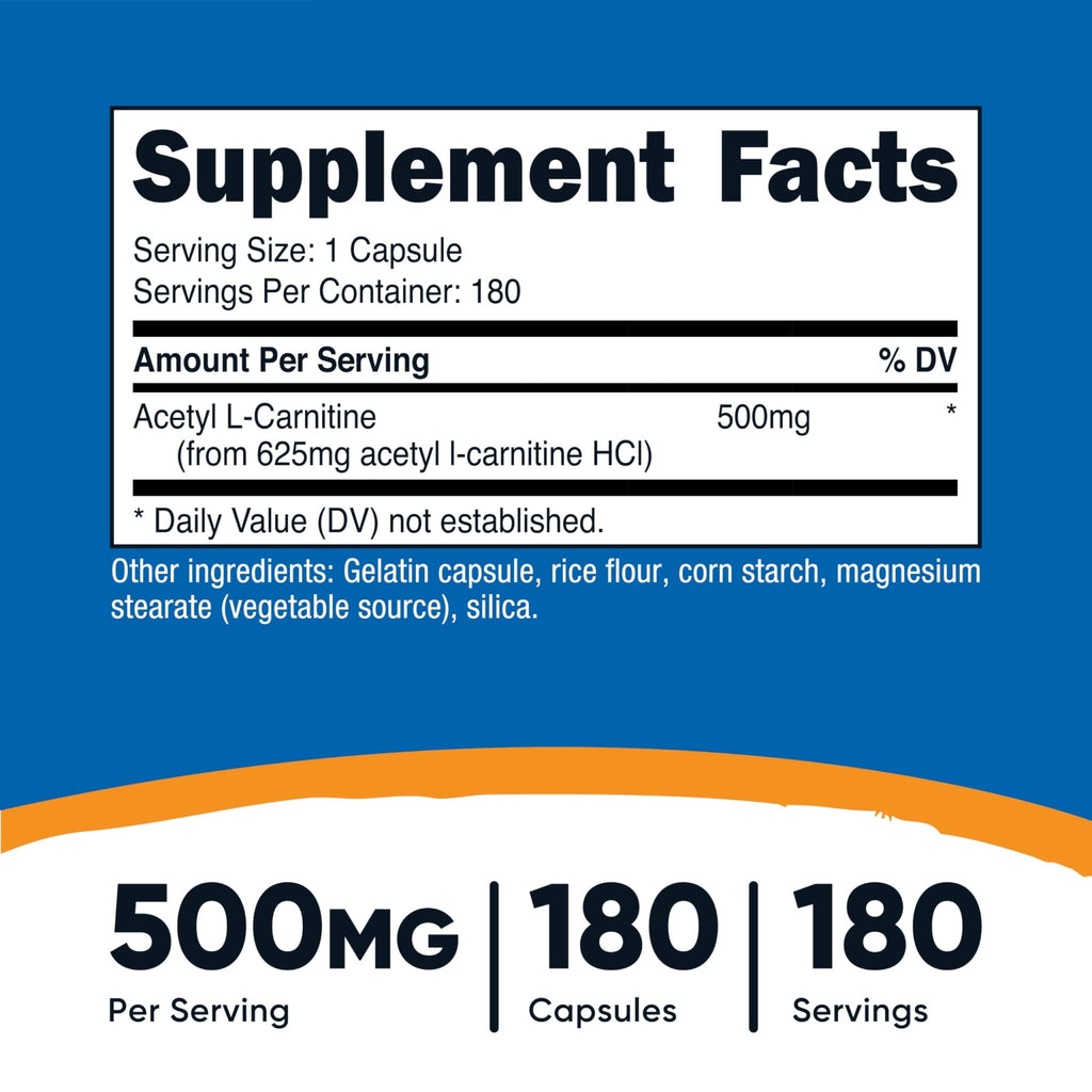 Nutricost Acetyl L-Carnitine (ALCAR) 500mg, 180 Capsules, 180 Servings - Non-GMO and Gluten Free, 1 Capsule per Serving - FENGGESTORE20