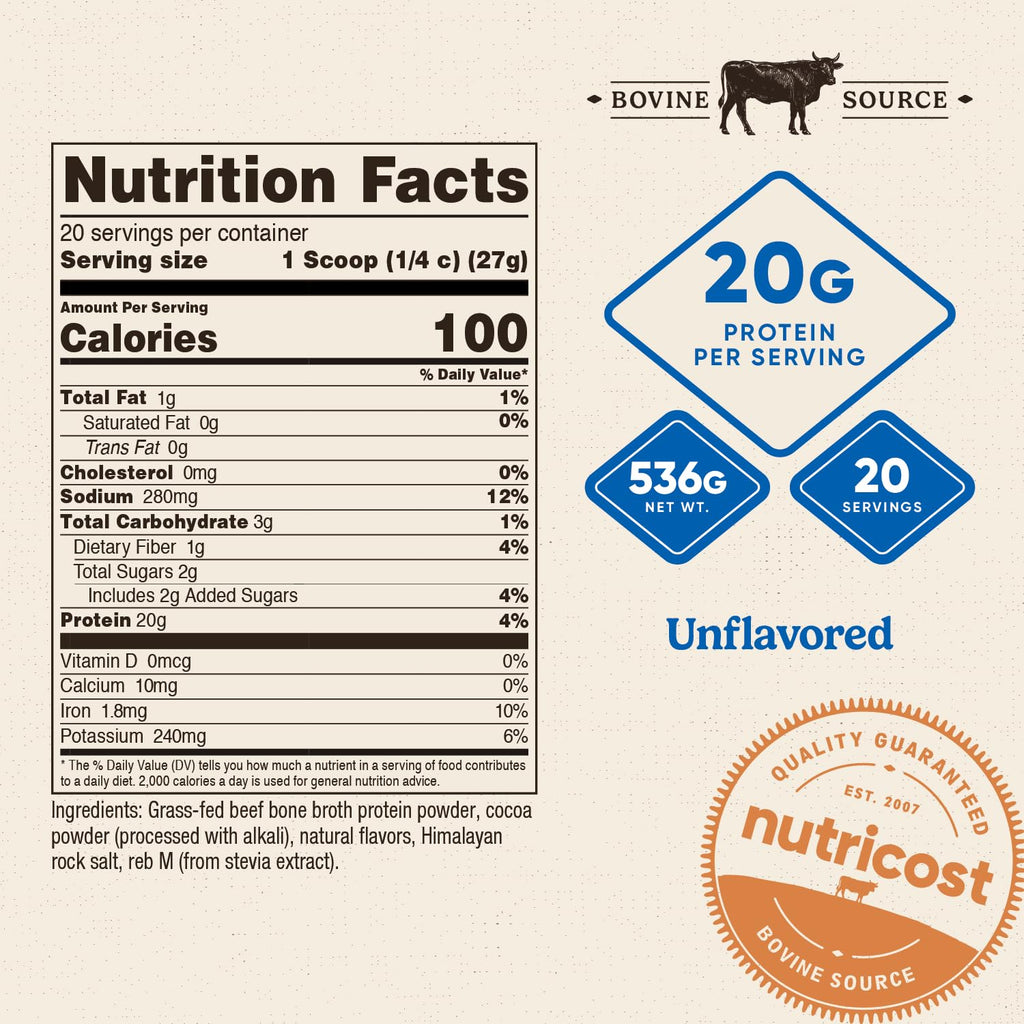 Nutricost Beef Bone Broth Protein Powder Chocolate (20 Servings) - Gluten-Free, GMO-Free - FENGGESTORE20