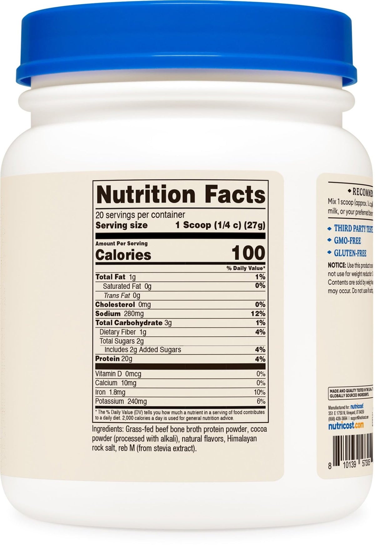 Nutricost Beef Bone Broth Protein Powder Chocolate (20 Servings) - Gluten-Free, GMO-Free - FENGGESTORE20