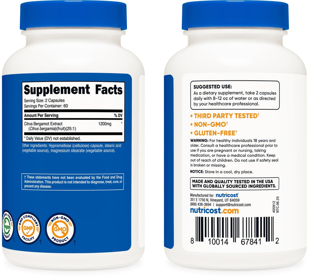 Nutricost Citrus Bergamot Capsules 1,200mg, 120 Capsules - 25:1 Bergamot Extract - 60 Servings, Gluten Free, Vegan & Non-GMO - FENGGESTORE20