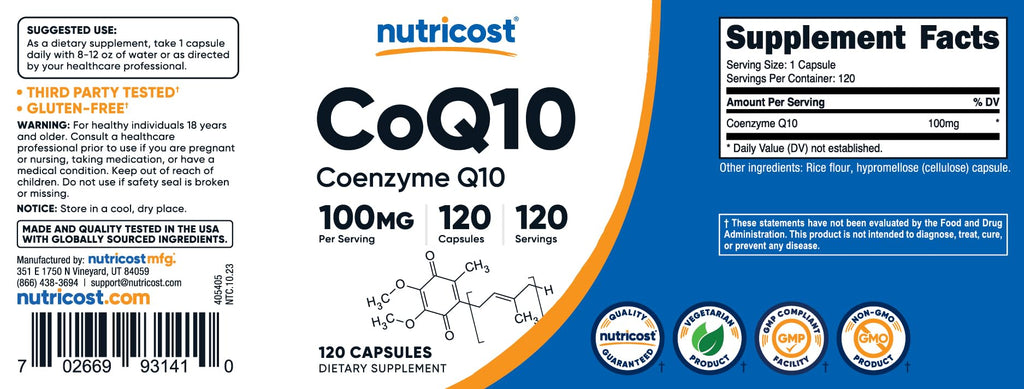Nutricost CoQ10 100mg, 120 Vegetarian Capsules, 120 Servings - High Absorption, Vegetarian, Non-GMO, Coenzyme Q10 - FENGGESTORE20