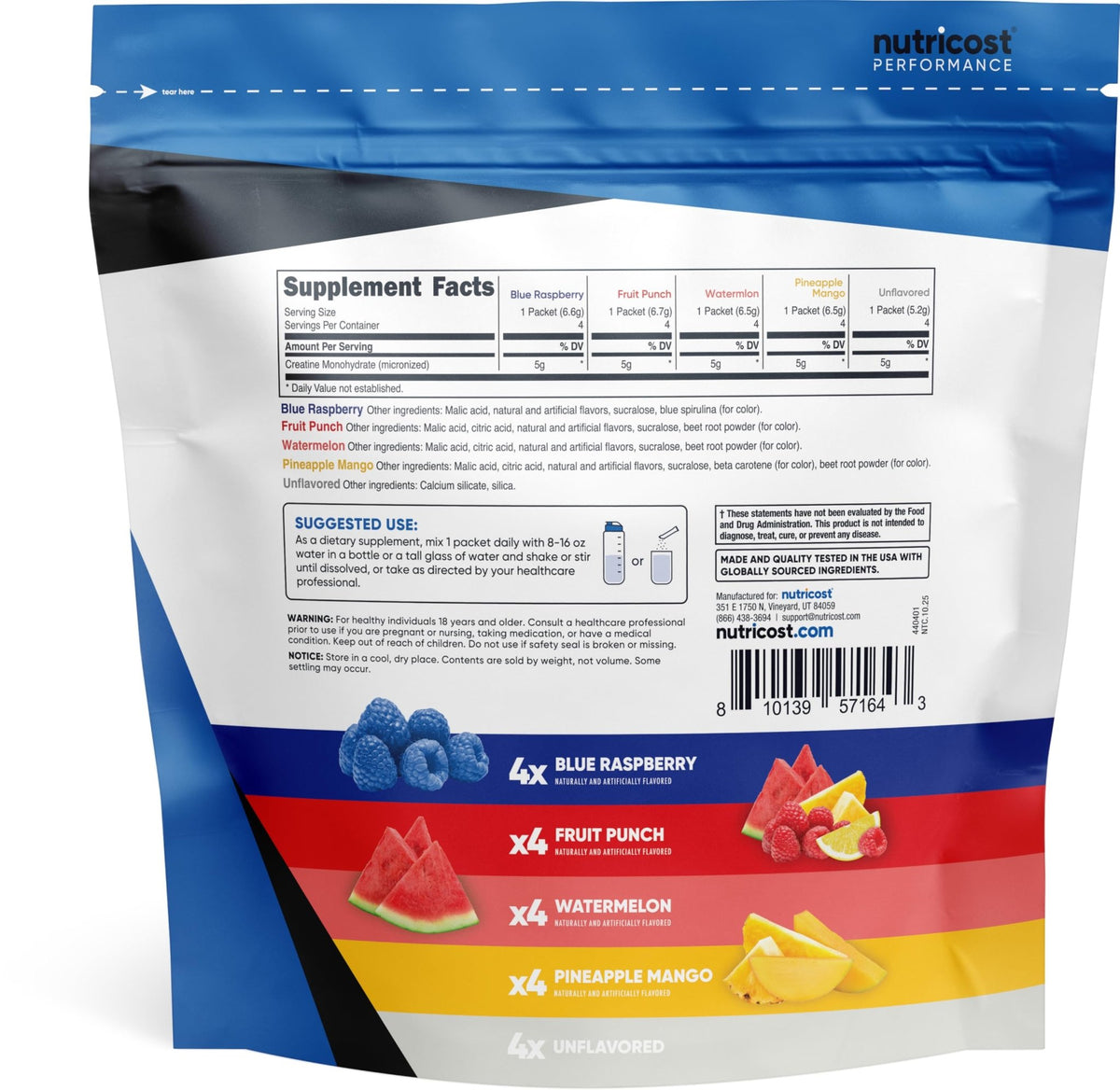 Nutricost Creatine Monohydrate Powder Variety Stickpacks (5 Flavors, 20 Servings) - Micronized, 5 Grams of Creatine Monohydrate Per Pack - FENGGESTORE20
