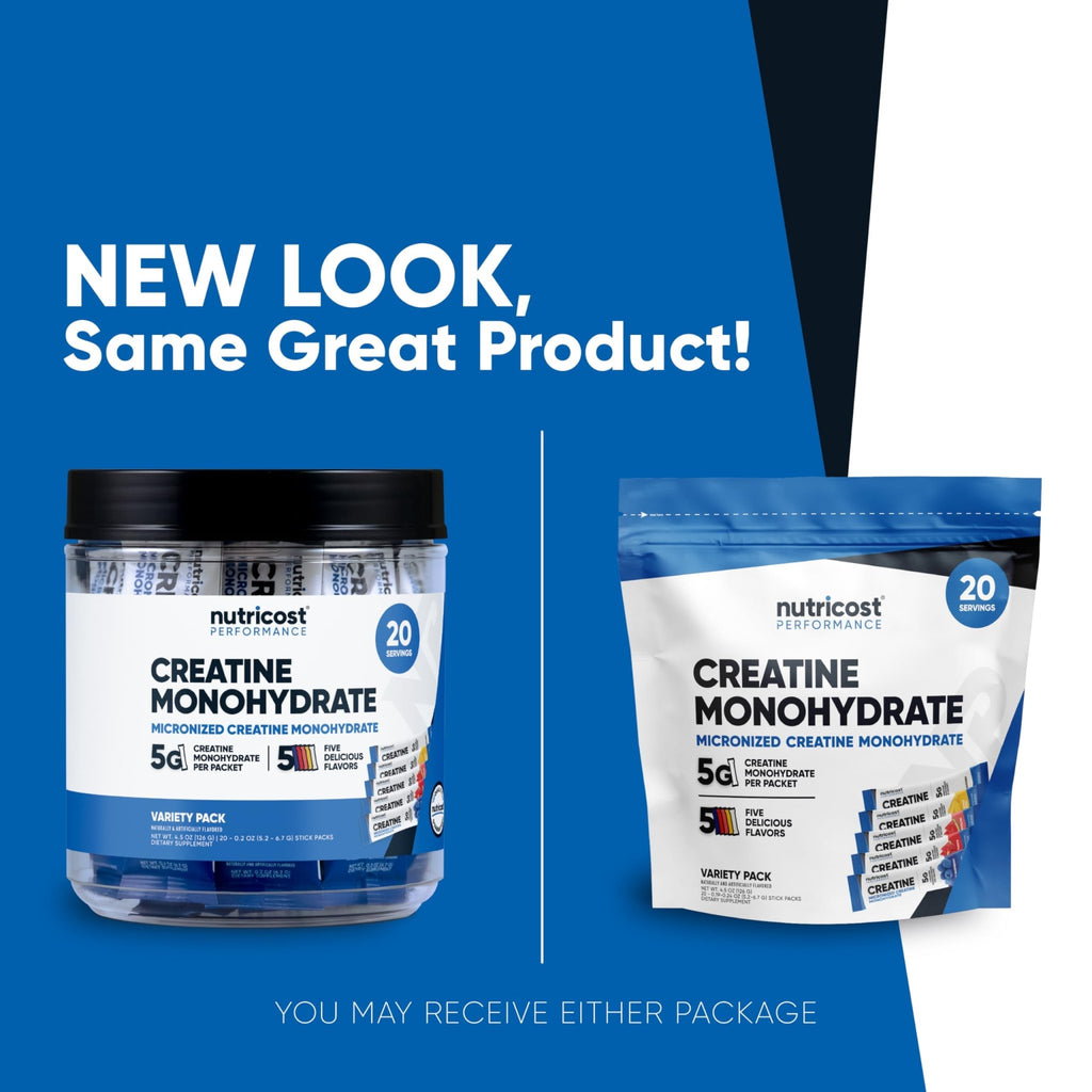 Nutricost Creatine Monohydrate Powder Variety Stickpacks (5 Flavors, 20 Servings) - Micronized, 5 Grams of Creatine Monohydrate Per Pack - FENGGESTORE20