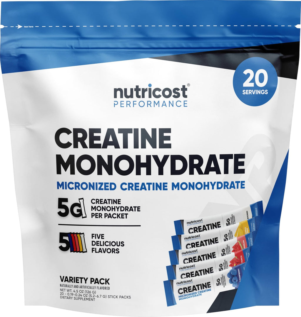 Nutricost Creatine Monohydrate Powder Variety Stickpacks (5 Flavors, 20 Servings) - Micronized, 5 Grams of Creatine Monohydrate Per Pack - FENGGESTORE20