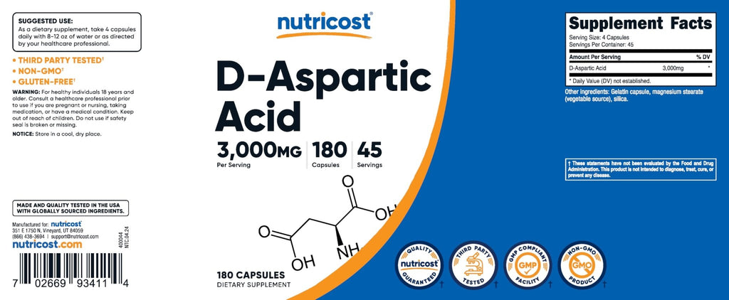 Nutricost D-Aspartic Acid (DAA) Capsules 3000mg Per Serving (180 Capsules) - Non-GMO - FENGGESTORE20