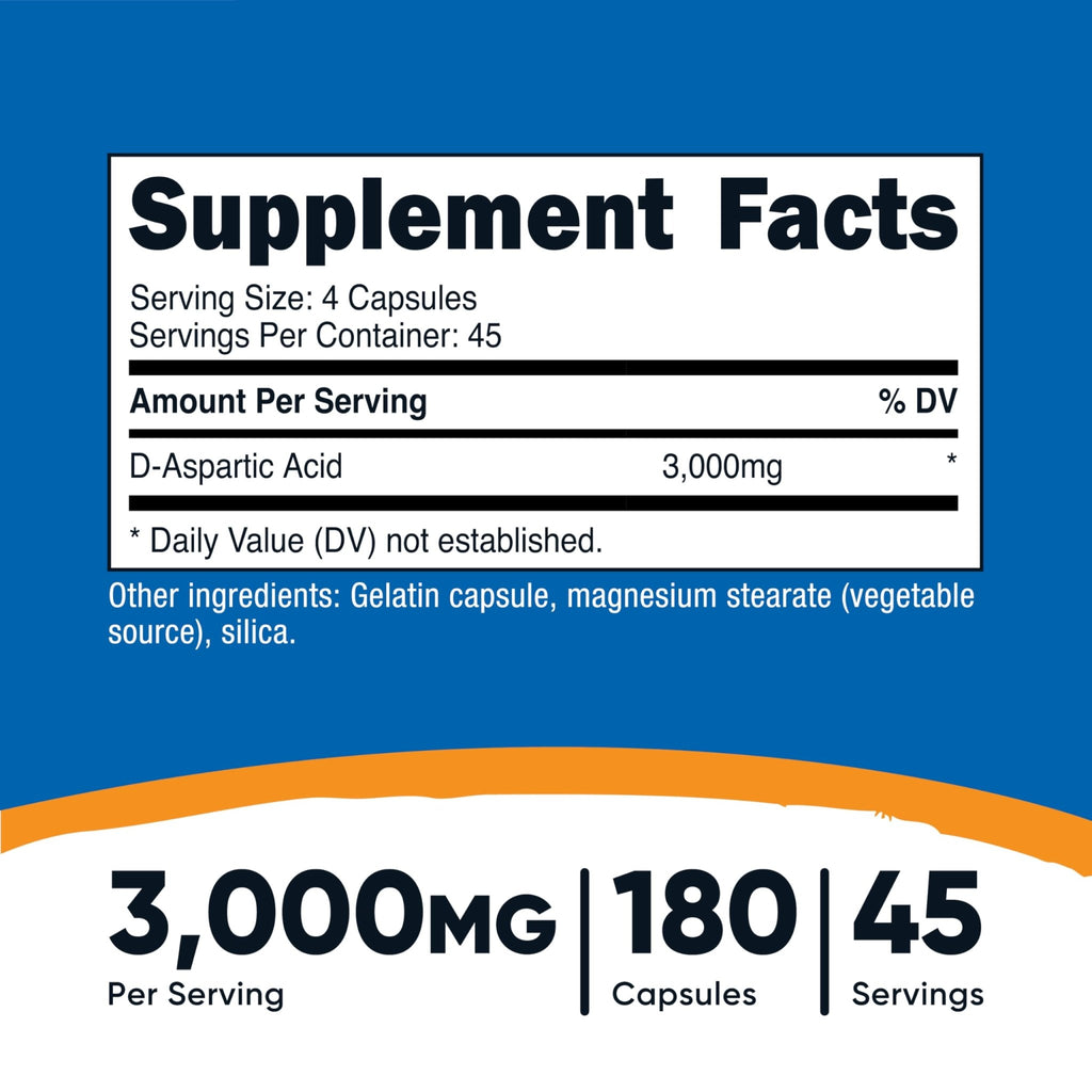 Nutricost D-Aspartic Acid (DAA) Capsules 3000mg Per Serving (180 Capsules) - Non-GMO - FENGGESTORE20