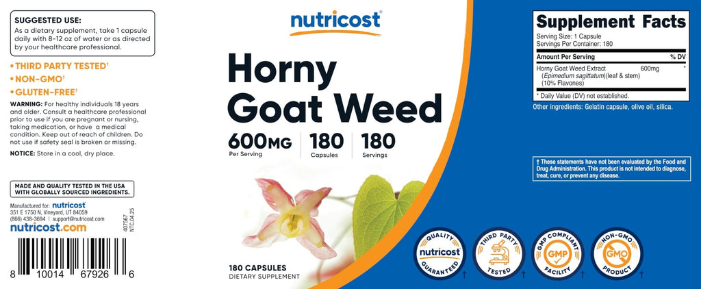 Nutricost Horny Goat Weed Extract (Epimedium) - 180 Capsules, 180 Servings, 600mg Per Capsule - FENGGESTORE20