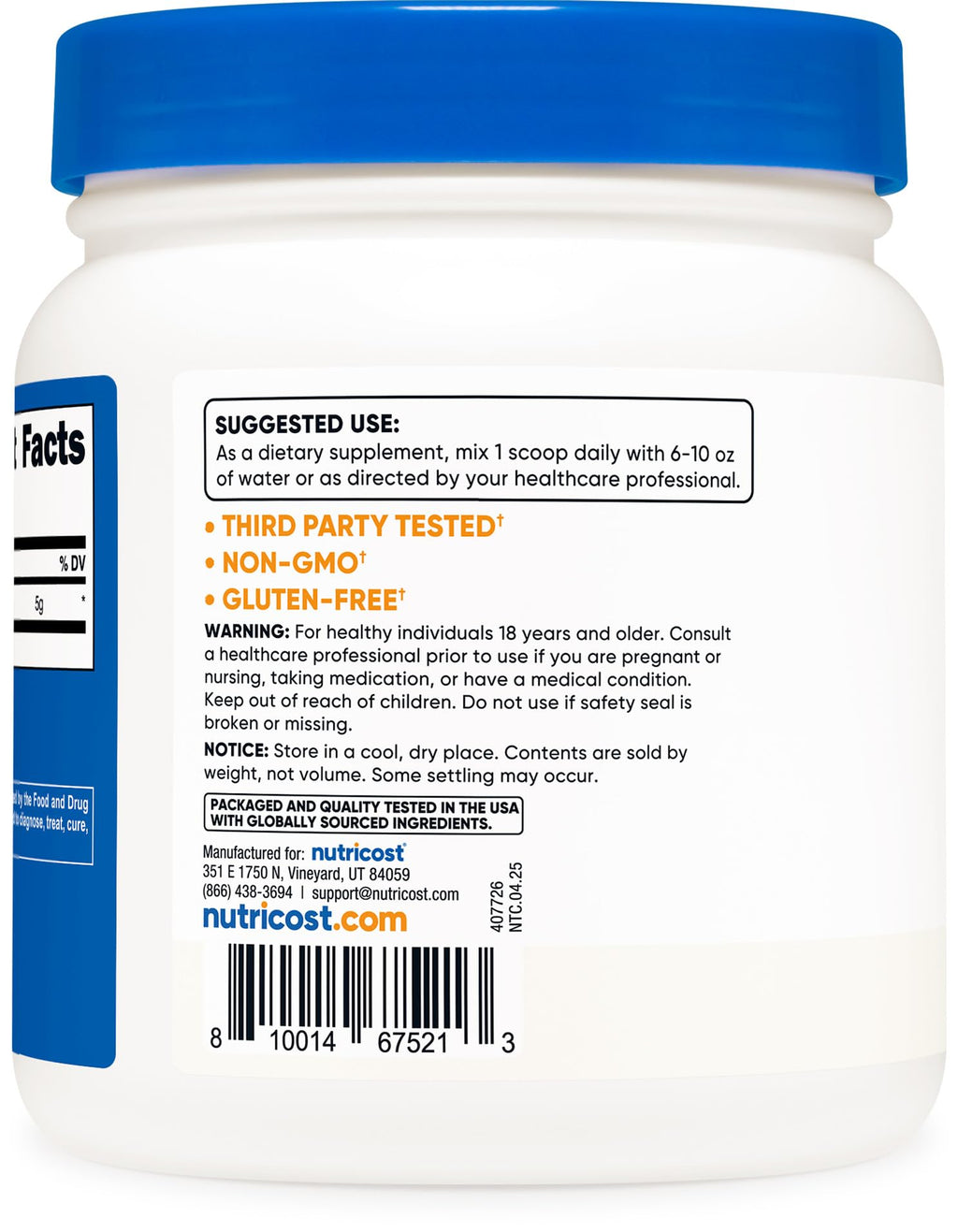Nutricost L-Glutamine Powder (500 Grams) Unflavored - Gluten Free & Non-GMO, 100 Servings - FENGGESTORE20