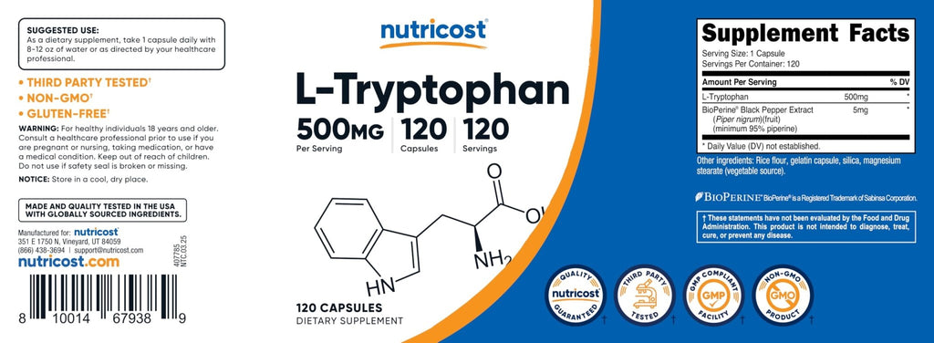 Nutricost L-Tryptophan 500mg, 120 Capsules - with BioPerine, Gluten Free, Non-GMO - FENGGESTORE20