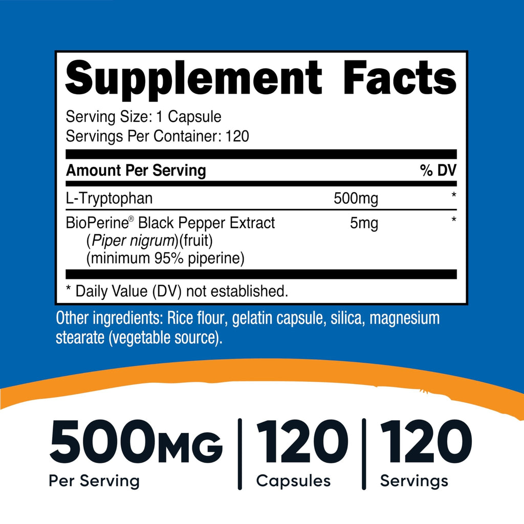 Nutricost L-Tryptophan 500mg, 120 Capsules - with BioPerine, Gluten Free, Non-GMO - FENGGESTORE20