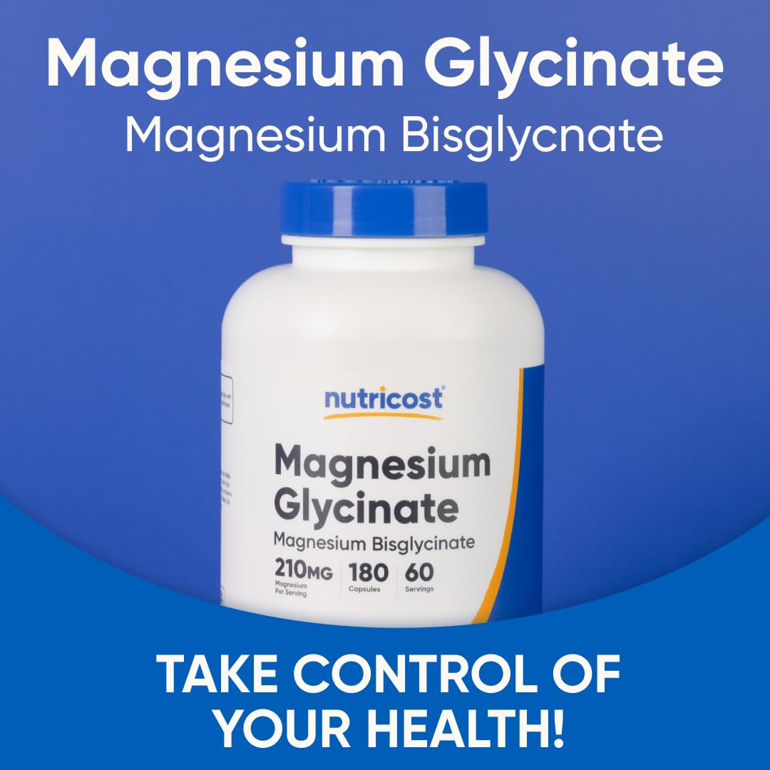 Nutricost Magnesium Glycinate Capsules (180 Capsules, 210 mg Per Serving) - Magnesium Glycinate Supplement for Gentle Absorption - FENGGESTORE20