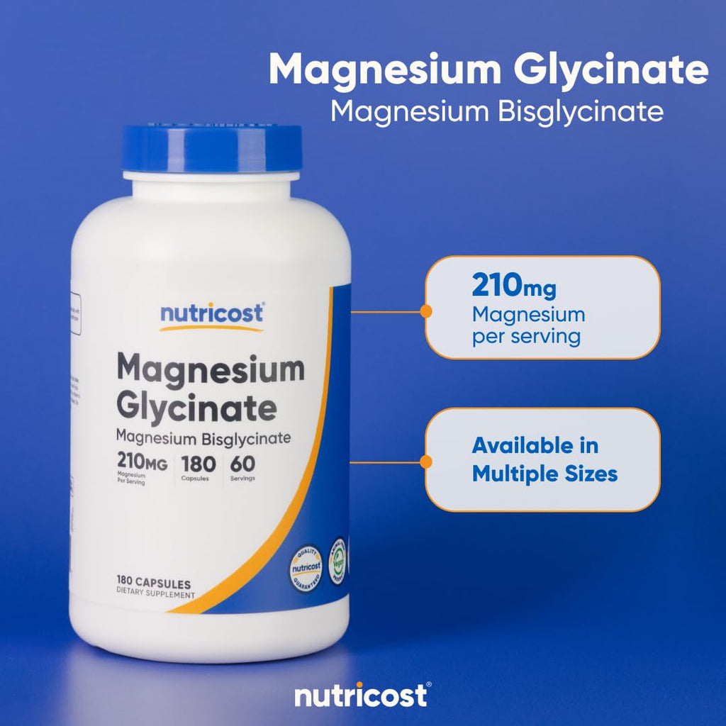 Nutricost Magnesium Glycinate Capsules (180 Capsules, 210 mg Per Serving) - Magnesium Glycinate Supplement for Gentle Absorption - FENGGESTORE20