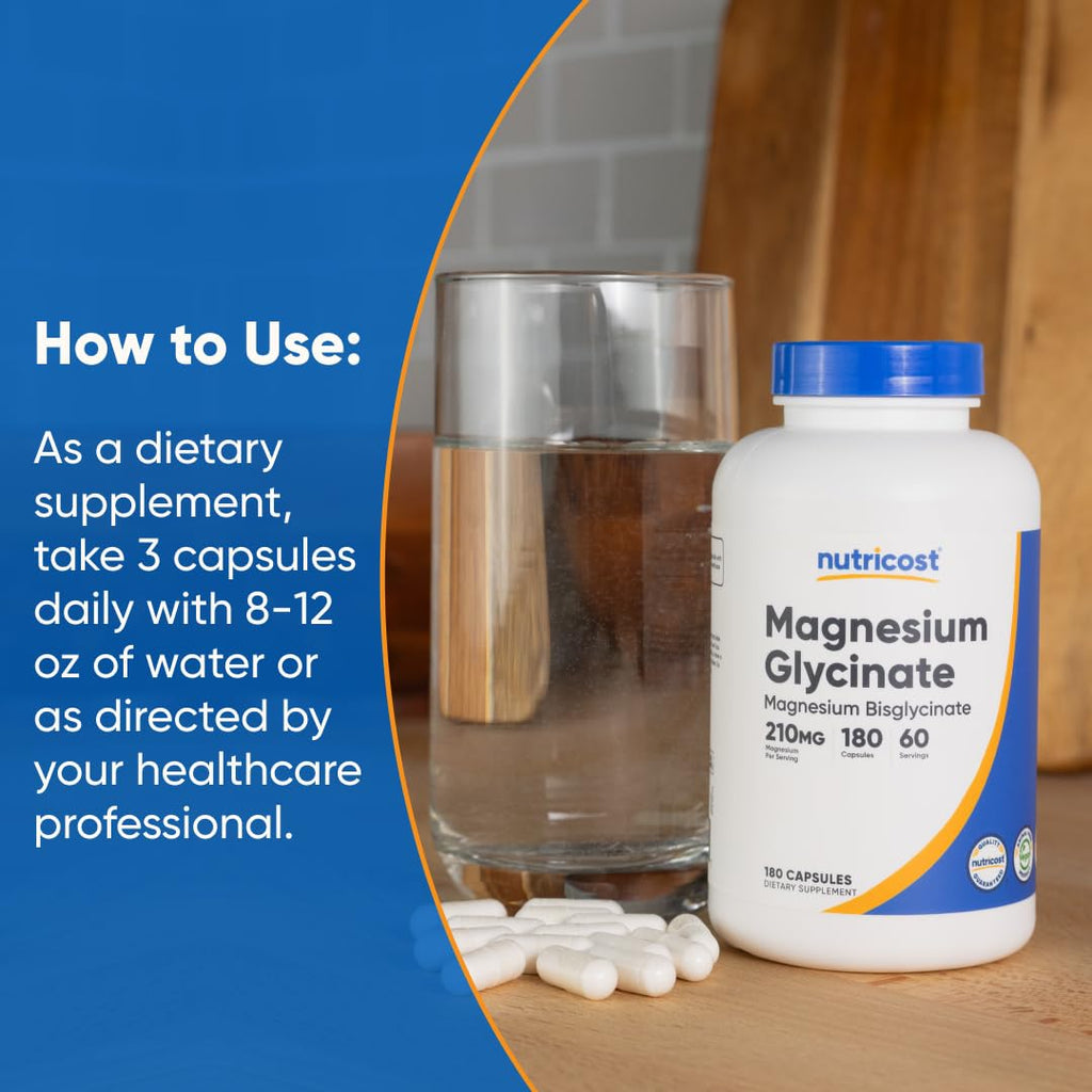 Nutricost Magnesium Glycinate Capsules (180 Capsules, 210 mg Per Serving) - Magnesium Glycinate Supplement for Gentle Absorption - FENGGESTORE20